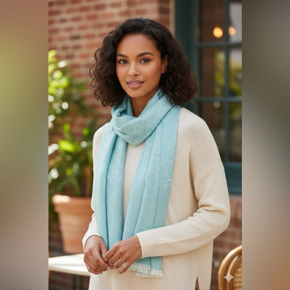 Calvin Klein Light Blue Scarf MONOGRAM CK LOGO-PRINT PASHMINA IN AQUATIC